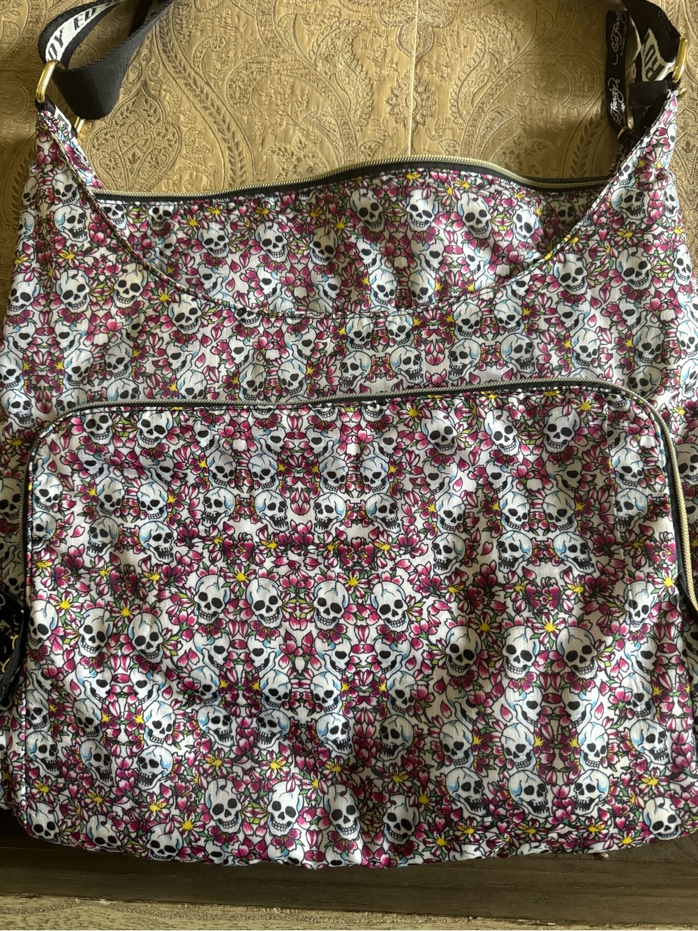 Ed Hardy Pink Skull & Floral Shoulder Bag